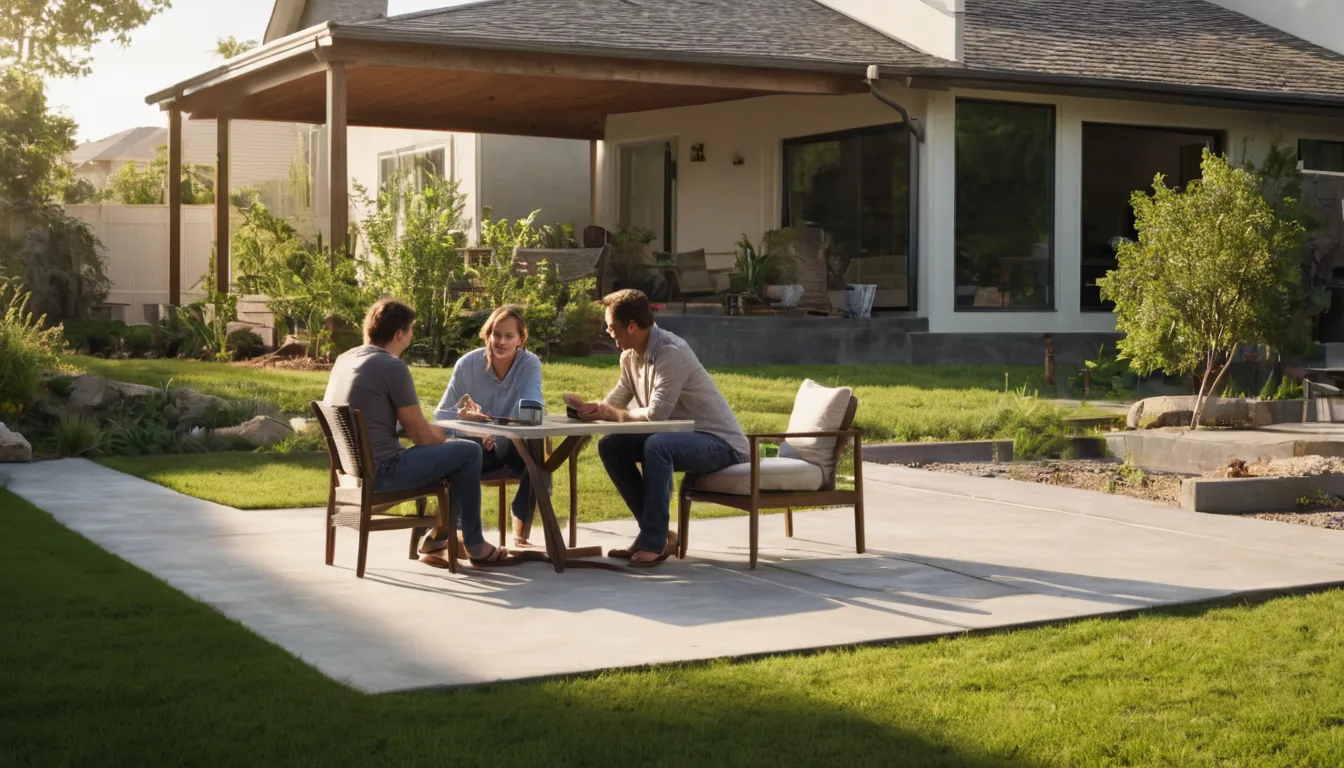 Homeowner reviewing a patio plan with a local concrete provider