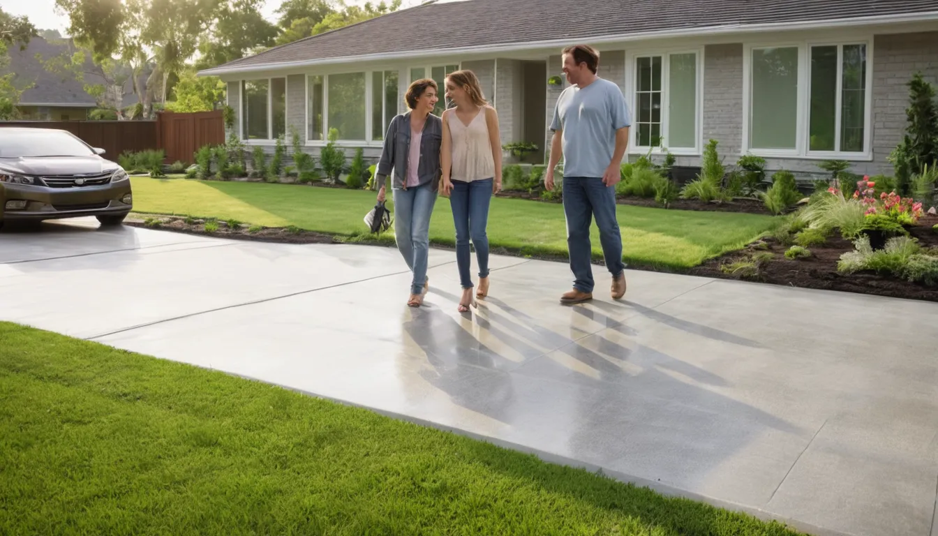 A freshly poured concrete driveway beside a brick ranch home in Warrior