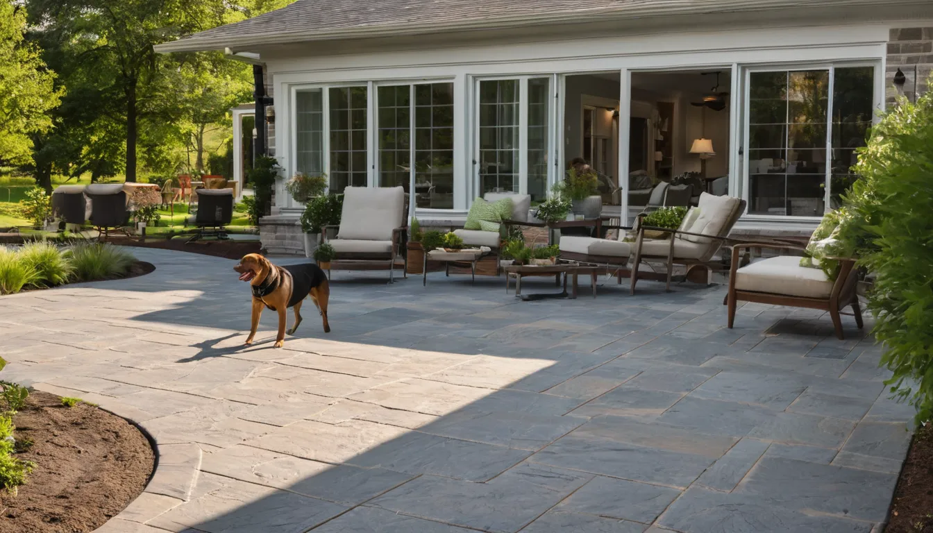 Stamped concrete patio with a slate pattern behind a brick home in Warrior